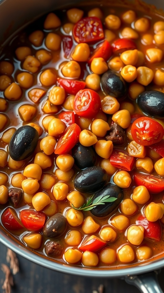 A colorful Mediterranean chickpea stew with tomatoes, olives, and bell peppers.