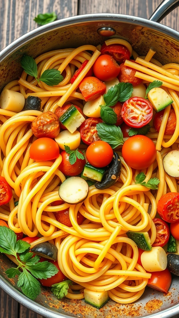 A pot of pasta primavera with colorful vegetables