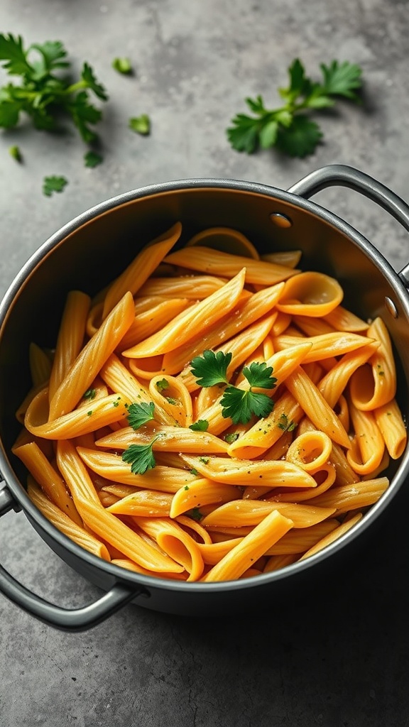 One-Pot Pasta with Garlic and Olive Oil in a pot garnished with parsley
