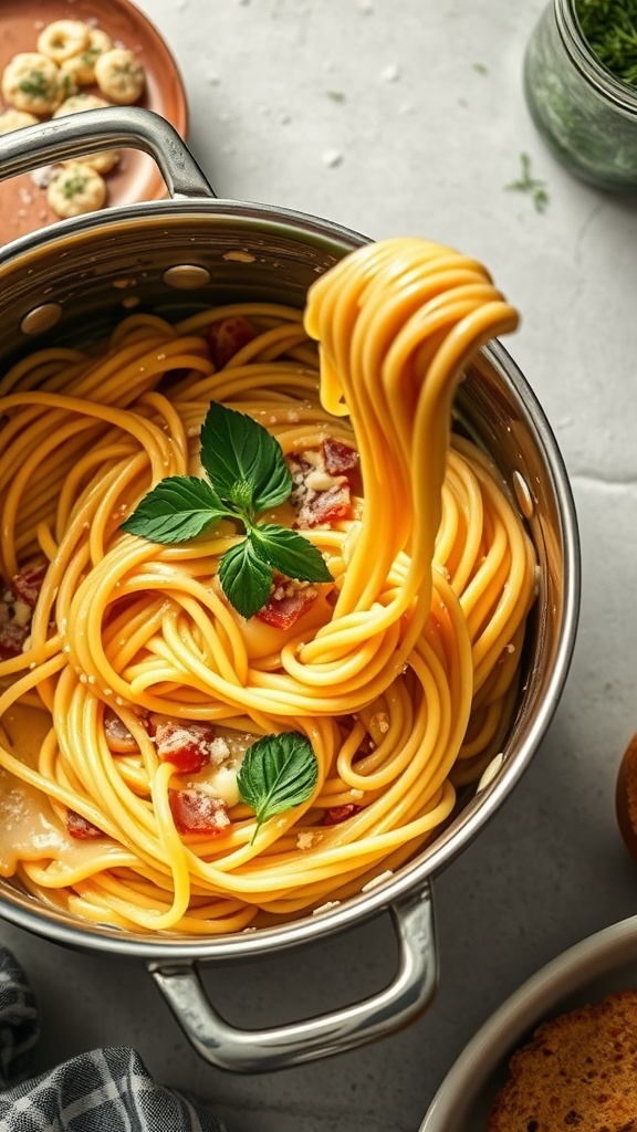 A pot of spaghetti carbonara garnished with fresh herbs, showcasing its creamy texture and rich color.