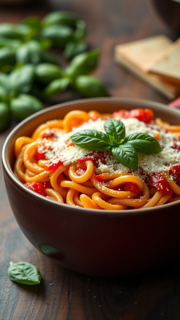 A bowl of tomato basil pasta garnished with fresh basil and cheese