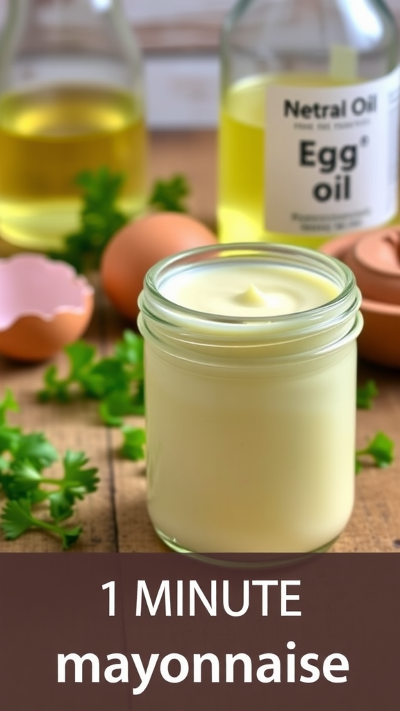 A jar of homemade mayonnaise with ingredients like egg and oil in the background.