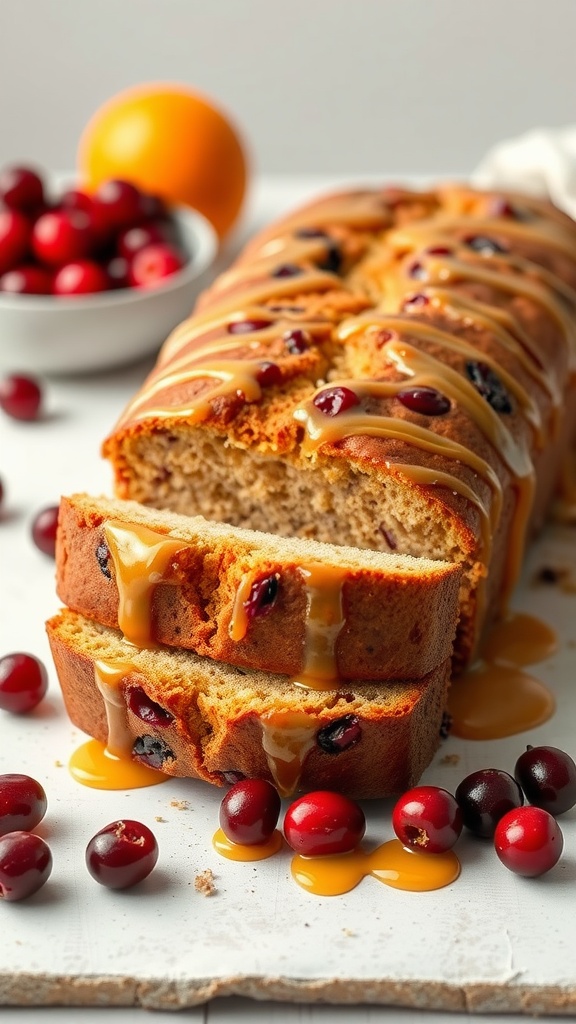 Loaf of orange cranberry bread with slices showing the texture and cranberries