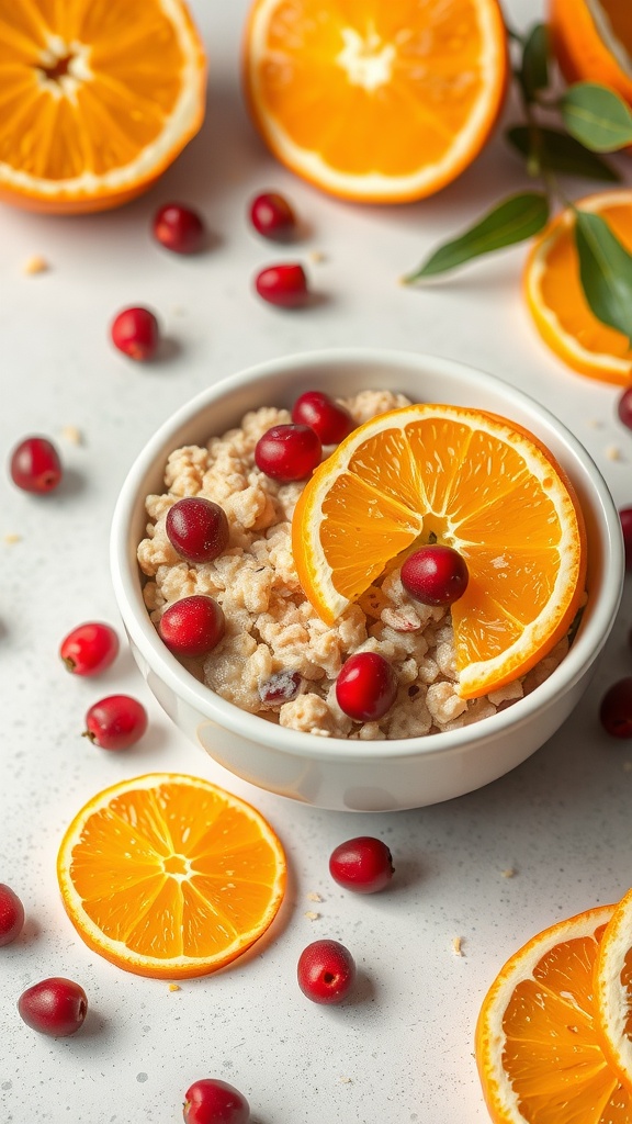 A delicious bowl of orange cranberry oatmeal topped with orange slices and fresh cranberries, surrounded by more orange slices.