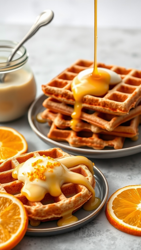 Delicious orange creamsicle waffles topped with whipped cream and orange syrup, served with fresh orange slices.