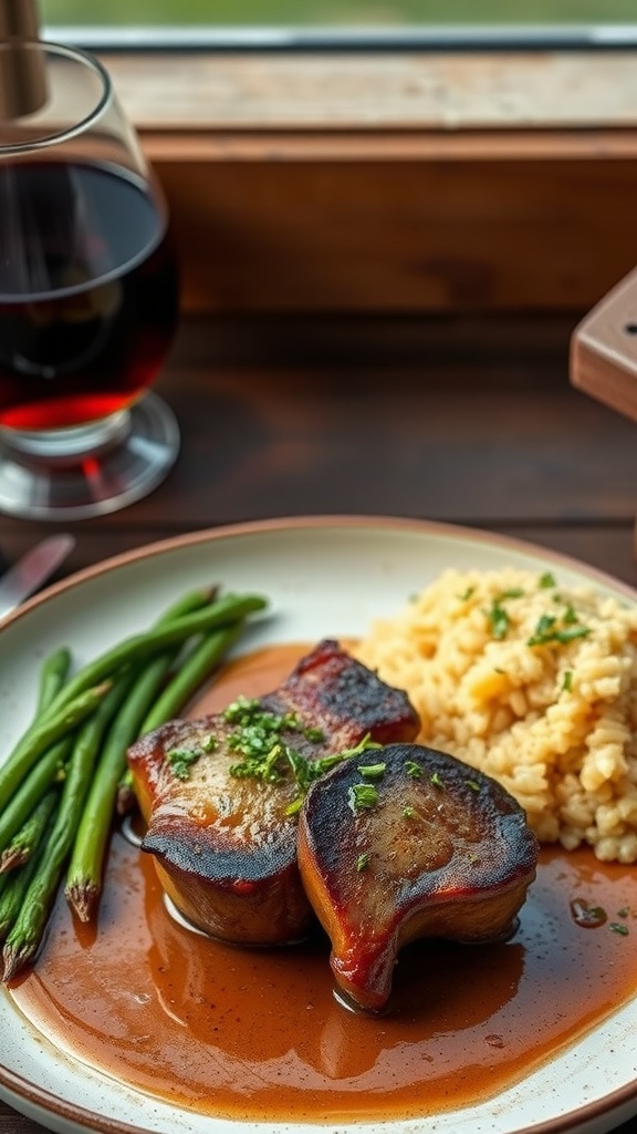 A plate of Osso Buco with gremolata, served with green beans and risotto.
