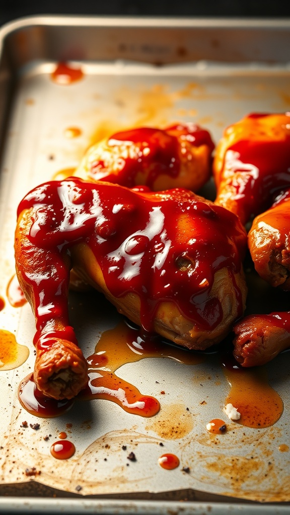 Oven-baked chicken drumsticks coated in barbecue sauce on a baking sheet.