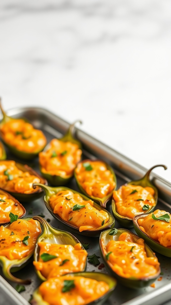 Oven-baked jalapeño poppers filled with cheese on a baking tray