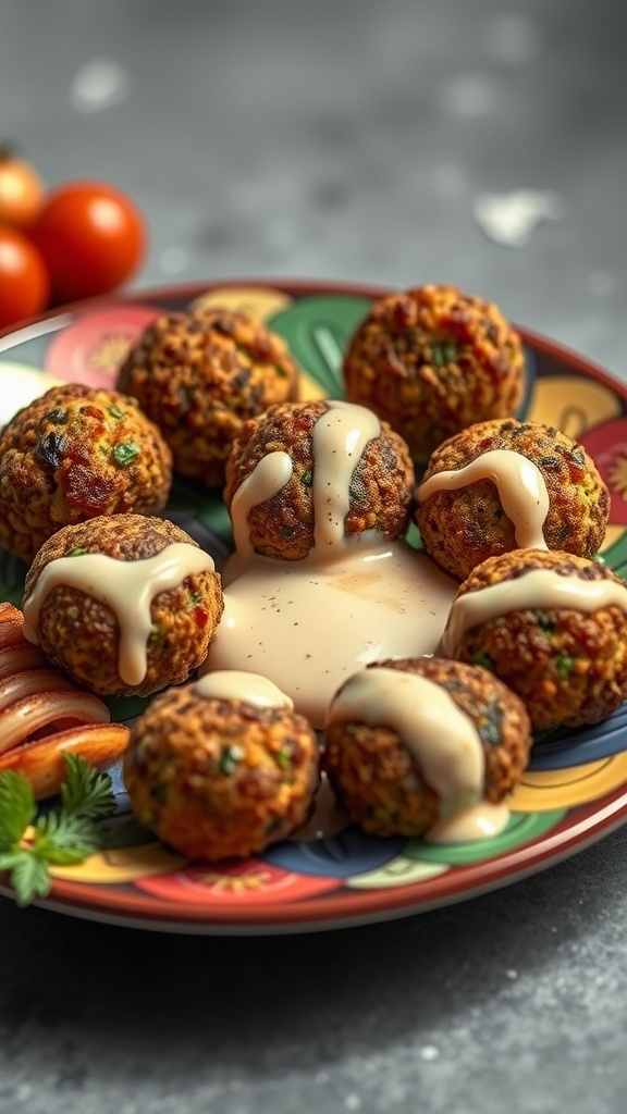 Oven-baked falafel served with tahini sauce and colorful sides.
