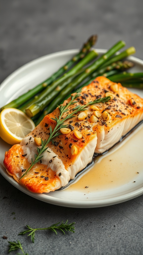 Oven-baked salmon with asparagus, garnished with lemon and herbs on a plate.