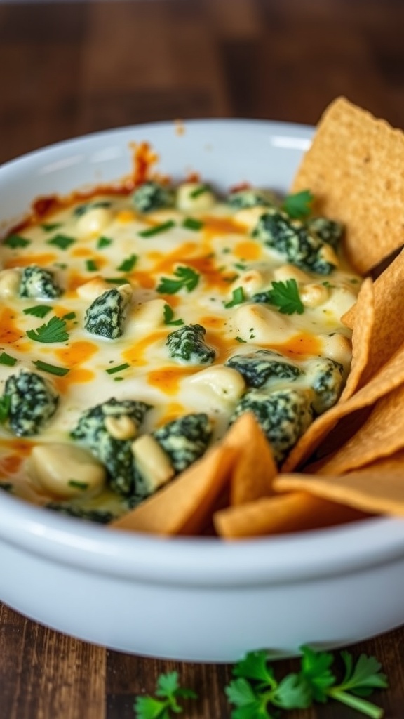 A bowl of creamy spinach and artichoke dip served with tortilla chips.