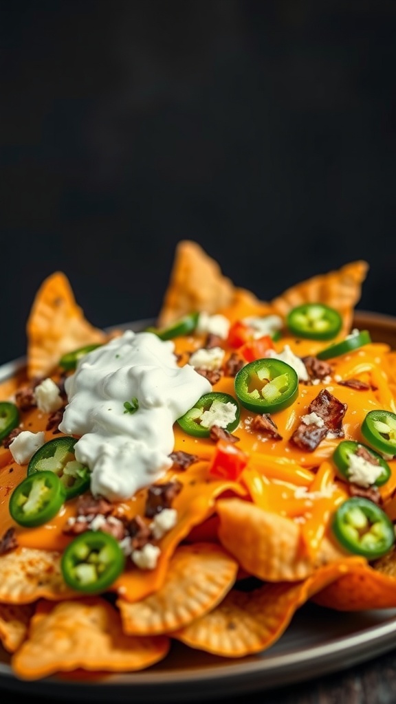 Delicious oven-roasted nachos topped with cheese, jalapeños, and sour cream.