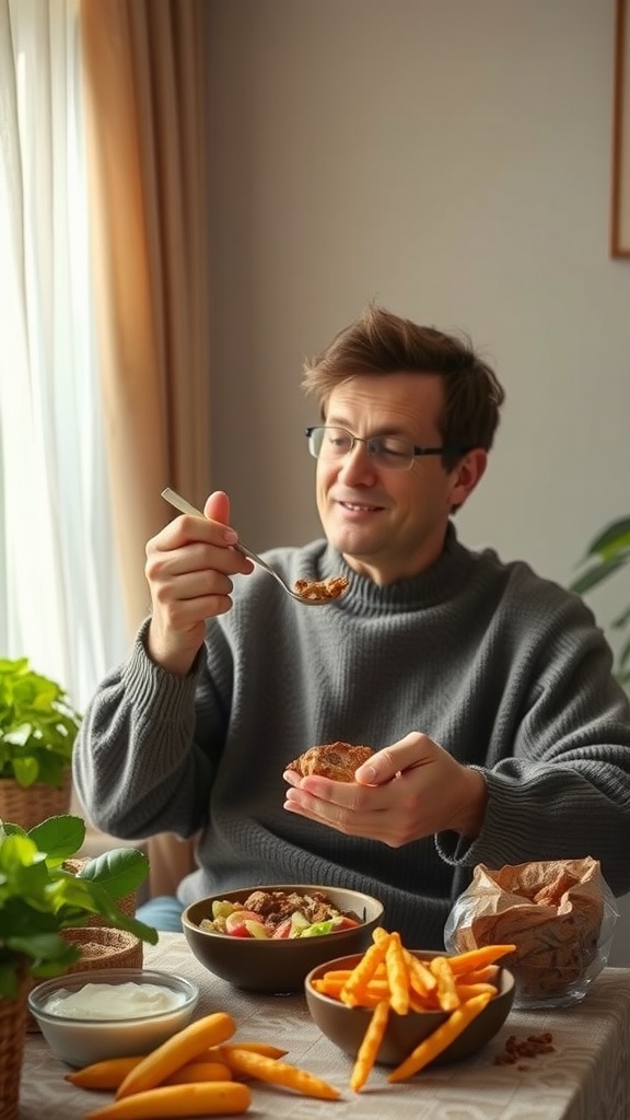 A man enjoying a meal with various high fiber foods on the table.