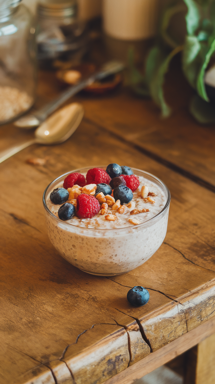 A bowl of overnight oats topped with fresh berries and nuts on a wooden table.