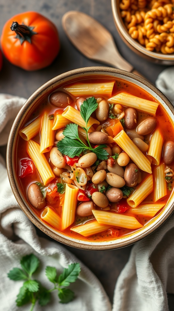 A bowl of Pasta e Fagioli with beans and pasta in a rich tomato broth