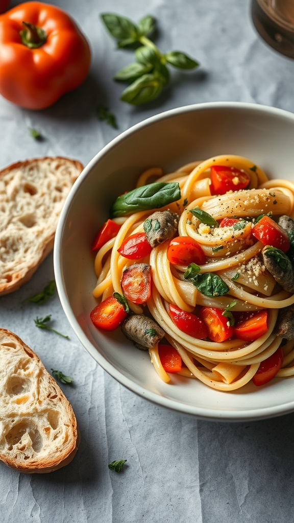A delicious bowl of pasta primavera with a side of garlic bread