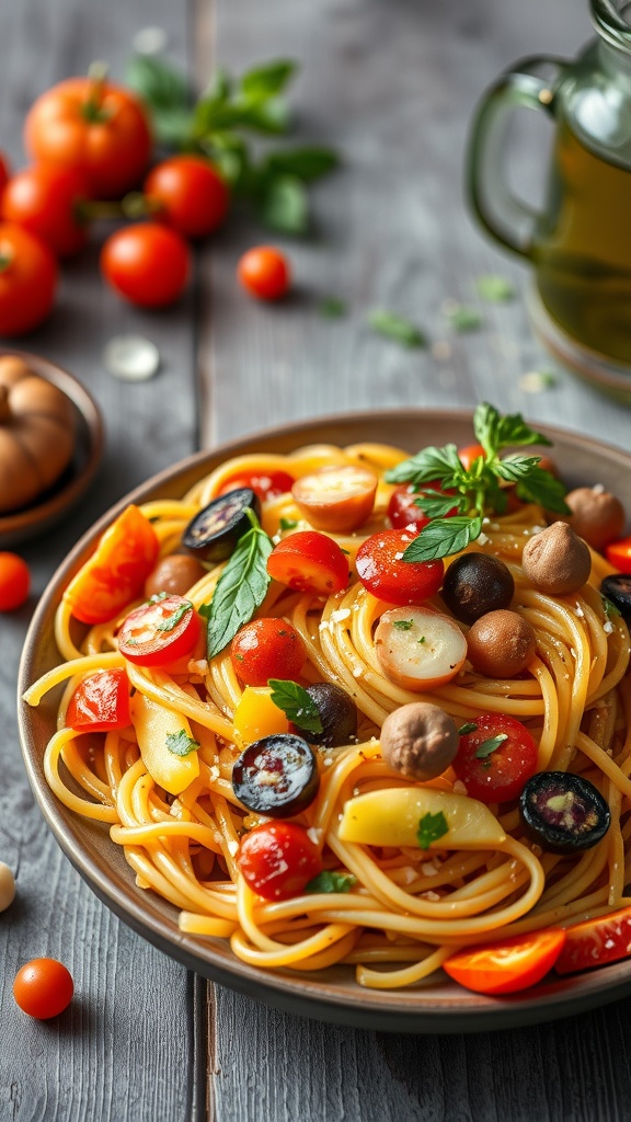A plate of Pasta Primavera with a variety of colorful seasonal vegetables.