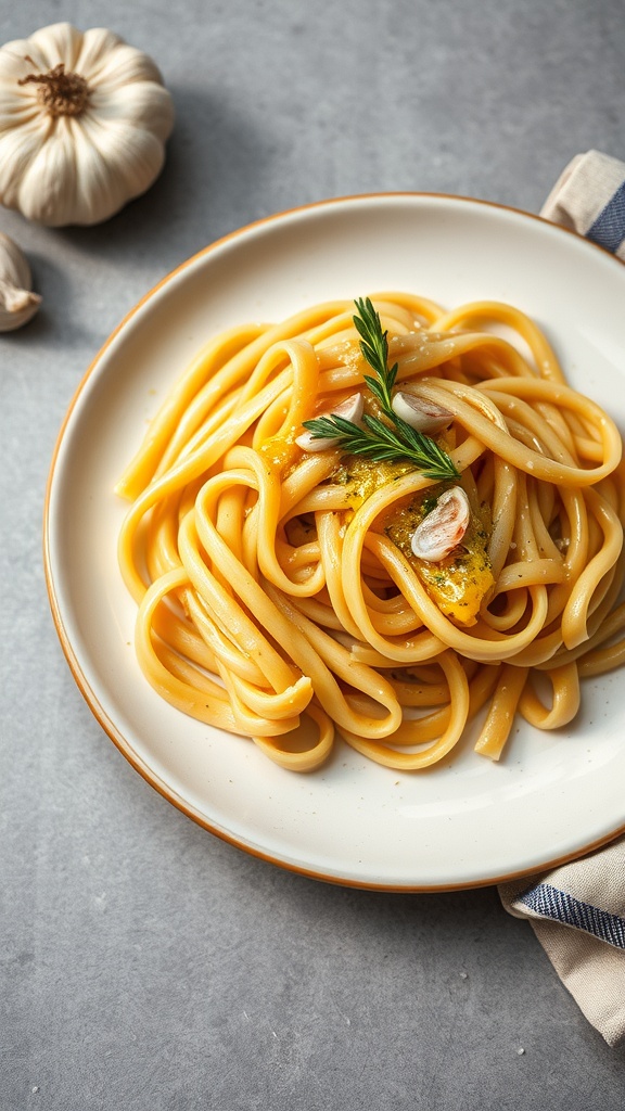A plate of pasta with garlic and olive oil garnished with herbs.
