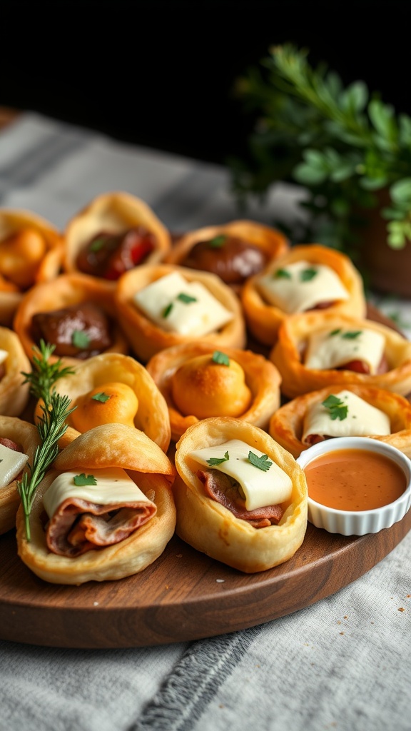 A variety of fried pastries filled with cheese and meat, garnished with herbs and served with a dipping sauce.