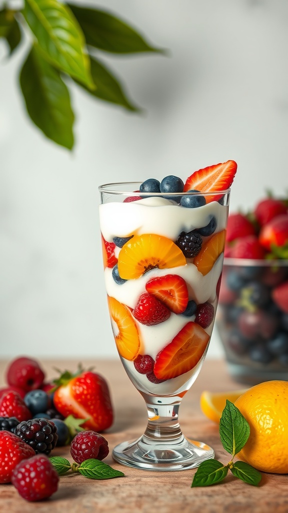 A colorful fruit layered dessert with strawberries, blueberries, and raspberries.
