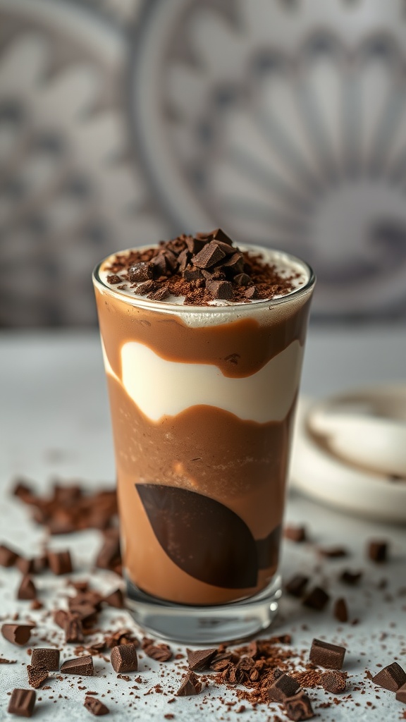 A delicious Brazilian pavê dessert showcasing layers of cookies and cream topped with chocolate.