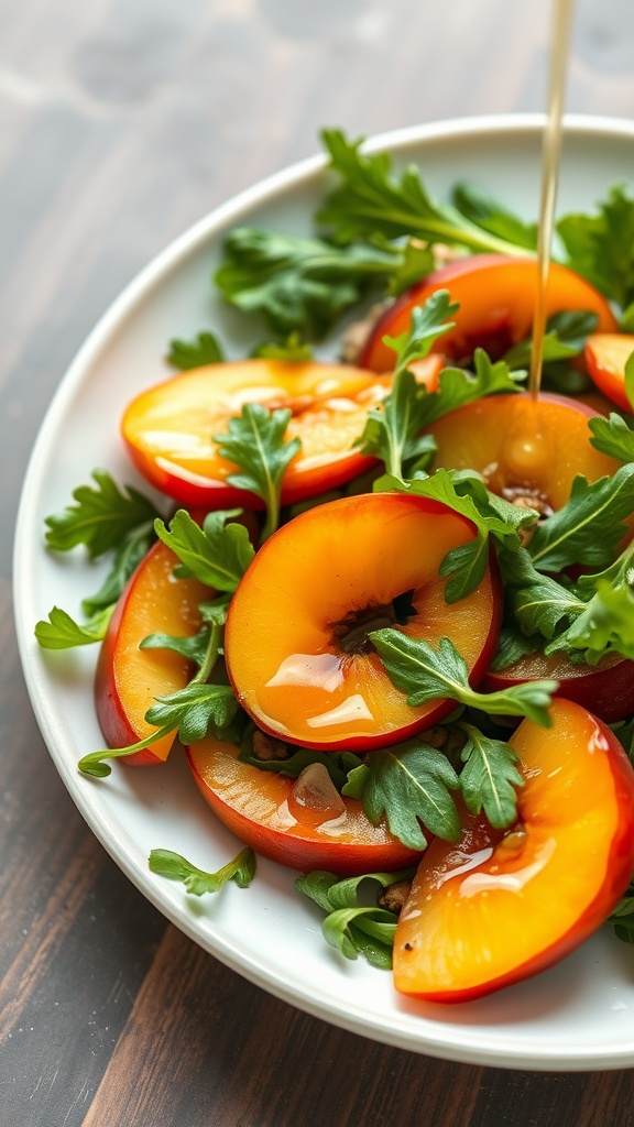 A fresh peach and arugula salad with feta and walnuts.