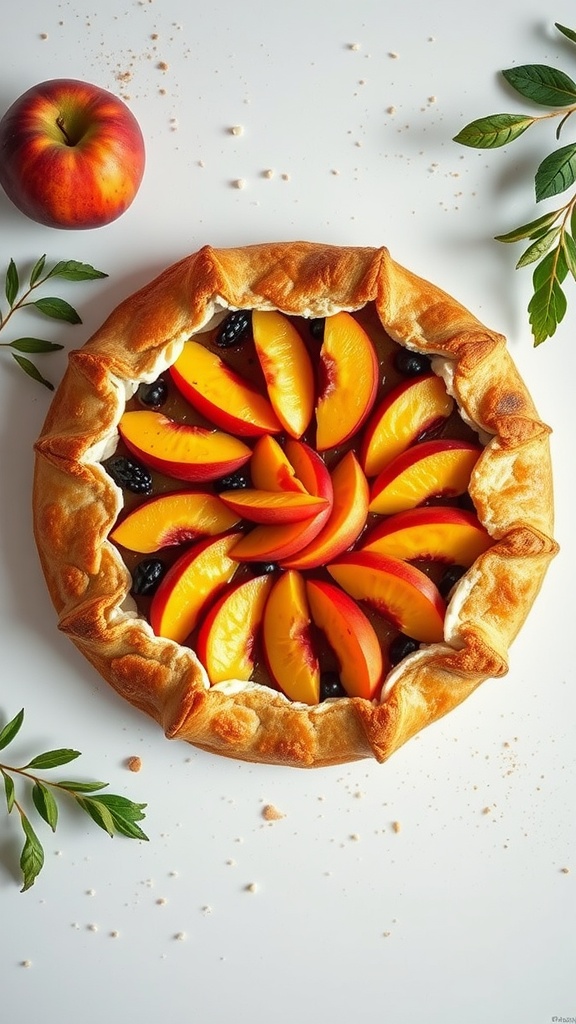 A delicious peach and ricotta crostata with a flaky crust and fresh peach slices on top.