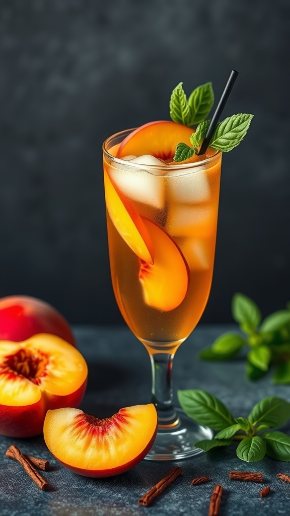 A refreshing glass of peach basil iced tea with slices of peach and basil leaves.