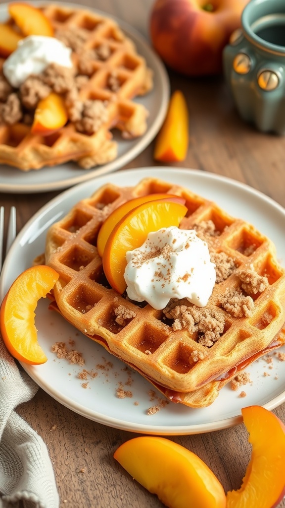 Delicious peach cobbler waffles topped with peaches and whipped cream