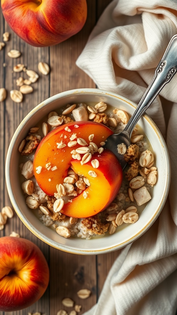 A bowl of peach crisp oatmeal topped with fresh peach slices and oats.