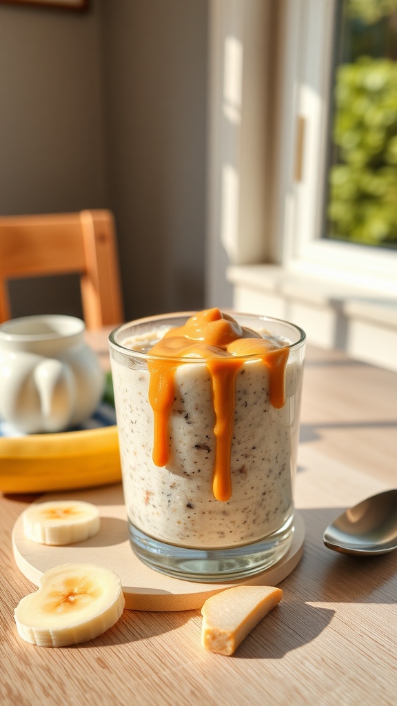 A glass of peanut butter banana overnight oats topped with peanut butter drizzle and banana slices.