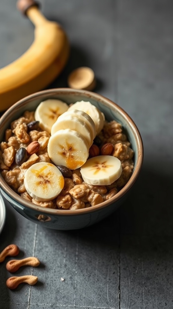 A bowl of peanut butter banana oatmeal topped with banana slices and mixed nuts.