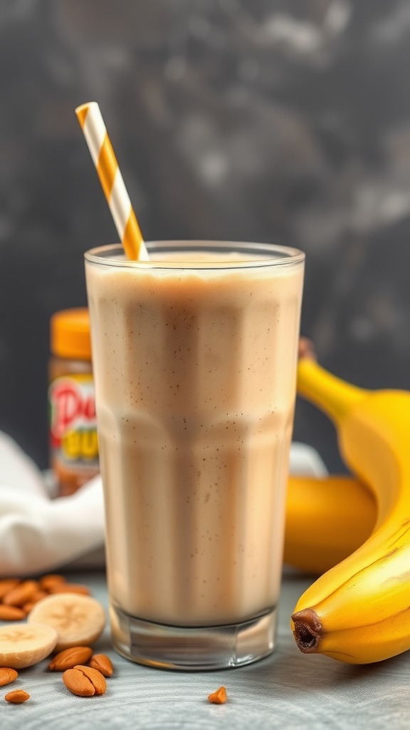 A creamy peanut butter banana smoothie in a glass with a straw, surrounded by bananas and almonds.