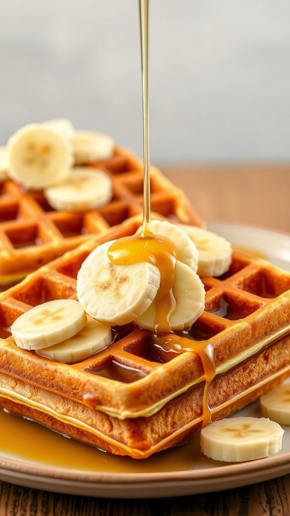 Peanut Butter Banana Waffles with syrup and banana slices