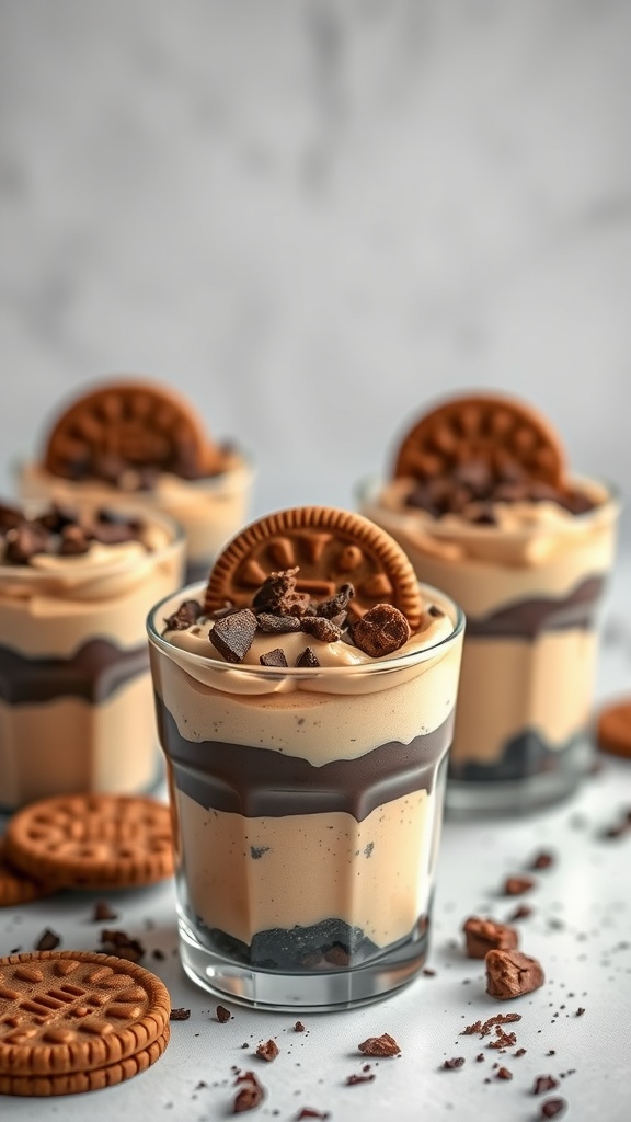 Delicious peanut butter cup parfaits layered in cups with chocolate and cookie toppings.