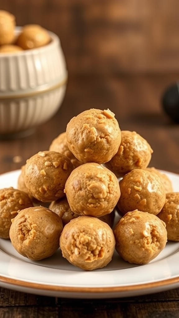A plate of peanut butter protein balls stacked together, showcasing a healthy snack option.