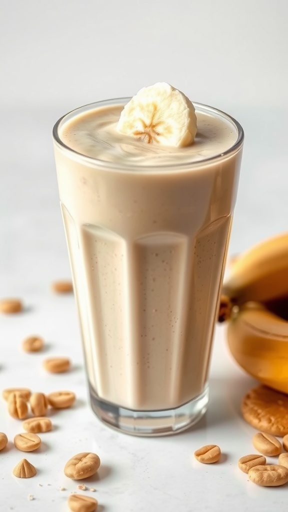 Peanut butter protein smoothie in a glass with banana garnish