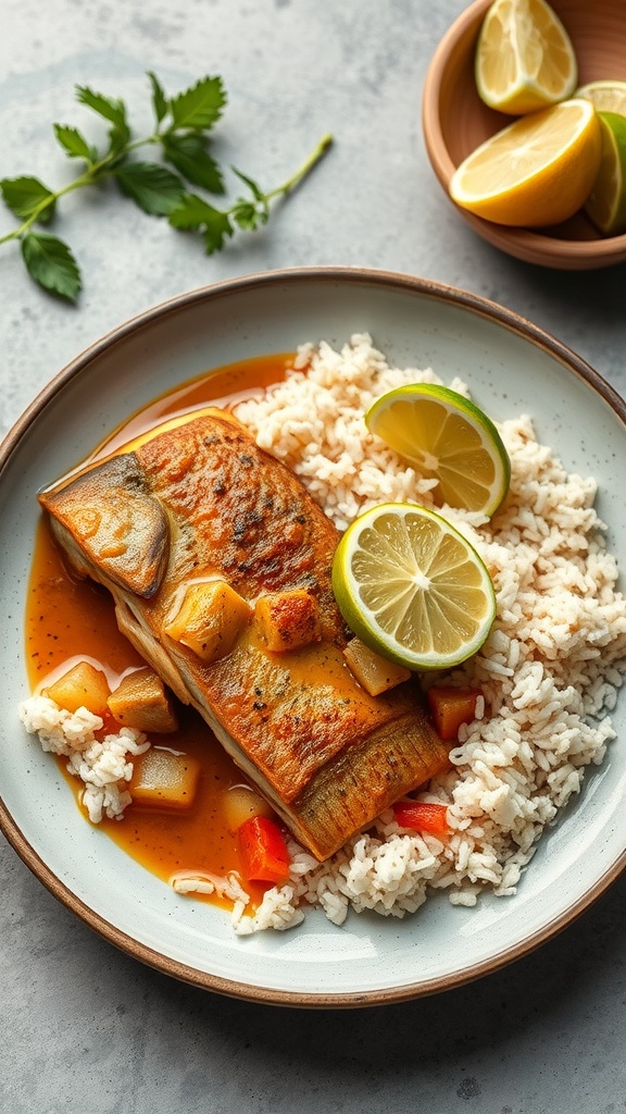 A serving of fish in palm oil sauce with rice and lime slices on a plate.