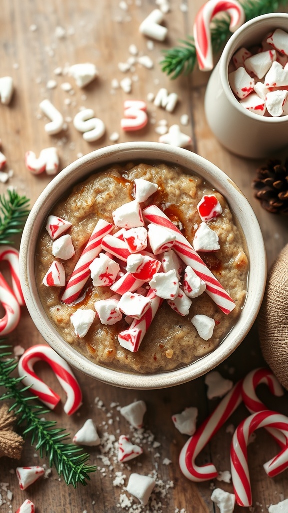 A bowl of peppermint mocha oatmeal topped with crushed peppermint candies.