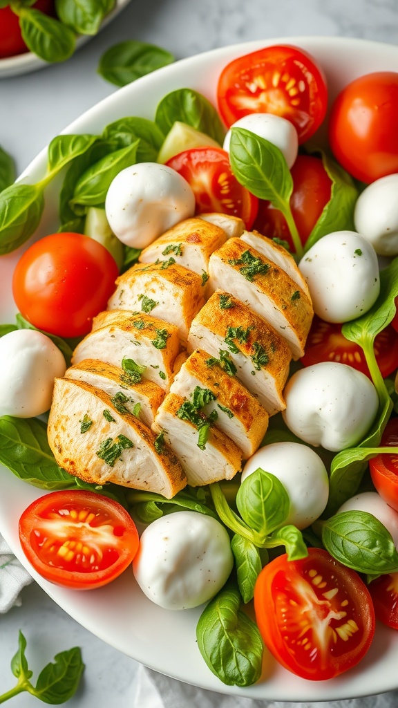 A vibrant Pesto Chicken Caprese Salad with sliced chicken, mozzarella balls, tomatoes, and fresh spinach.