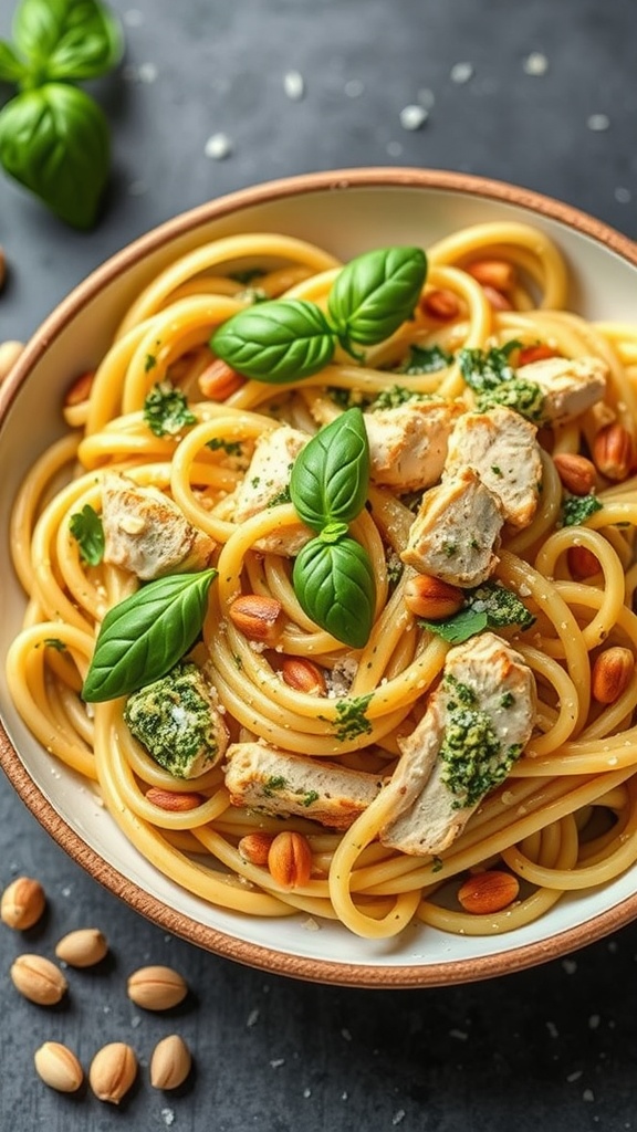 A bowl of pesto chicken pasta garnished with basil leaves and pine nuts, featuring strands of spaghetti mixed with chicken and pesto.