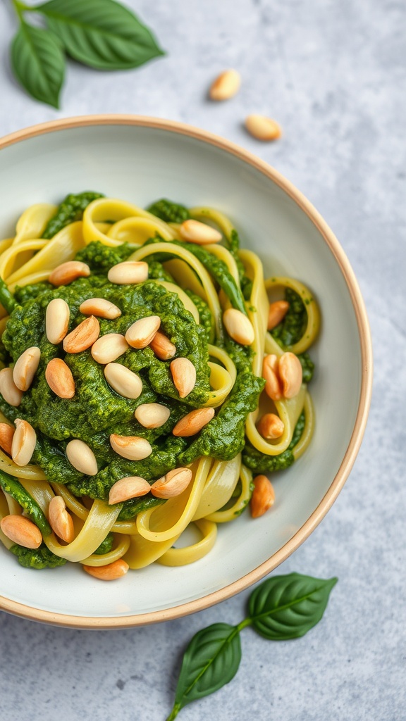 Pasta with pesto and pine nuts in a bowl