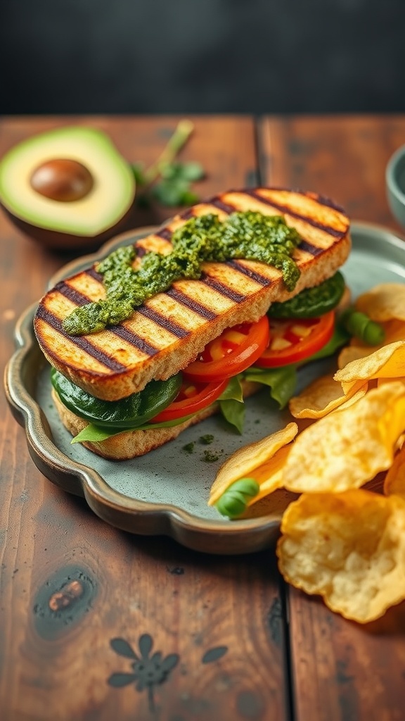 A delicious pesto grilled vegetable sandwich with fresh vegetables and pesto sauce.
