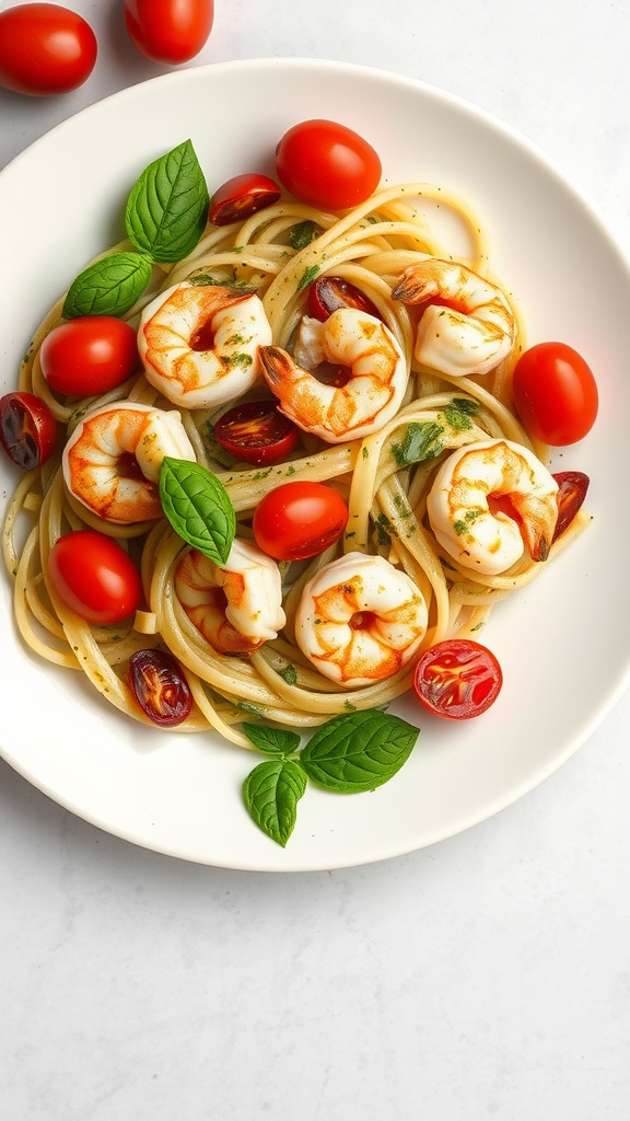 A delicious plate of pesto pasta topped with grilled shrimp and cherry tomatoes.