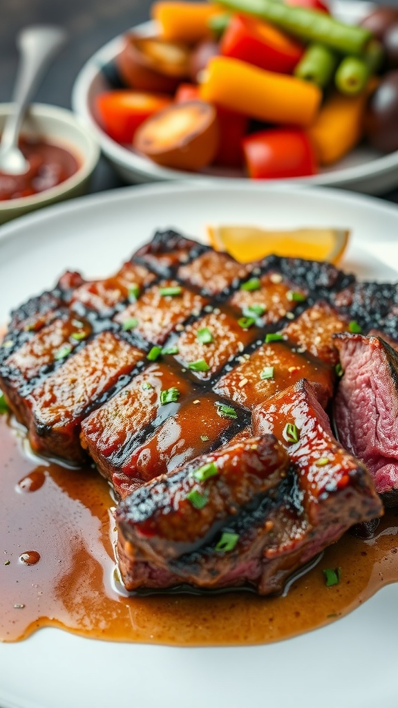 Grilled picanha steak served with a sauce and garnished with herbs.