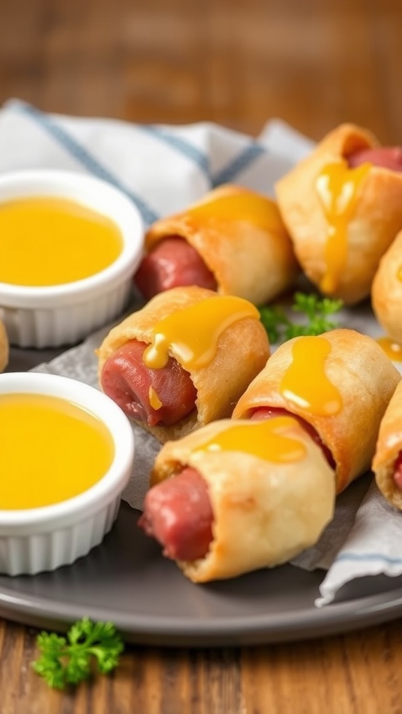 Pigs in a blanket served with mustard dip