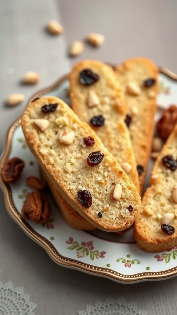 A plate of Pine Nut and Raisin Biscotti, showcasing their golden color and topped with pine nuts and raisins.