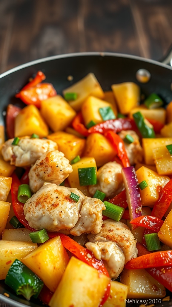 A colorful Pineapple Chicken Stir-Fry with chicken, pineapple, and vegetables in a skillet.