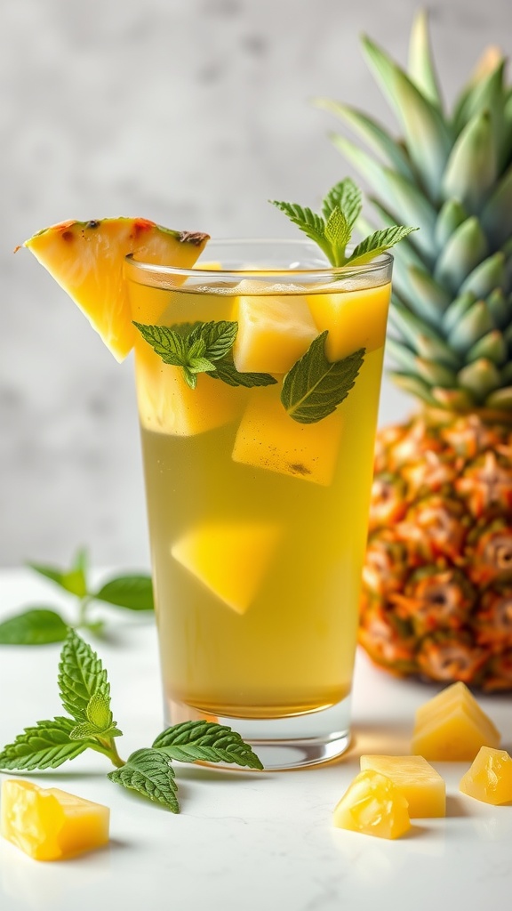 A refreshing glass of Pineapple Green Tea with mint and pineapple garnishes.