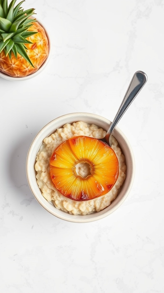 A bowl of pineapple upside down oatmeal topped with a caramelized pineapple ring.
